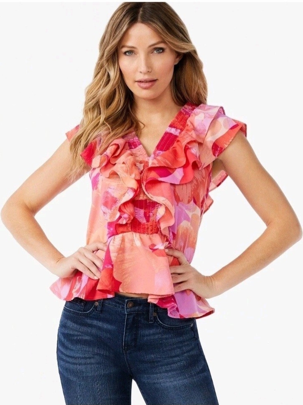 sofia by sofia vergara Coral Pink Ruffled V-Neck Smocked Peplum Blouse Sm